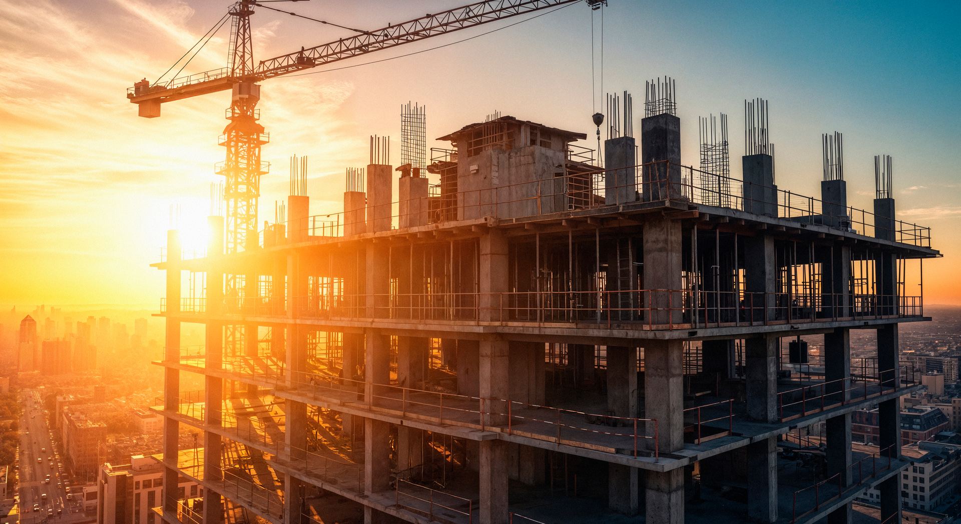 Chantier de construction au coucher du soleil
